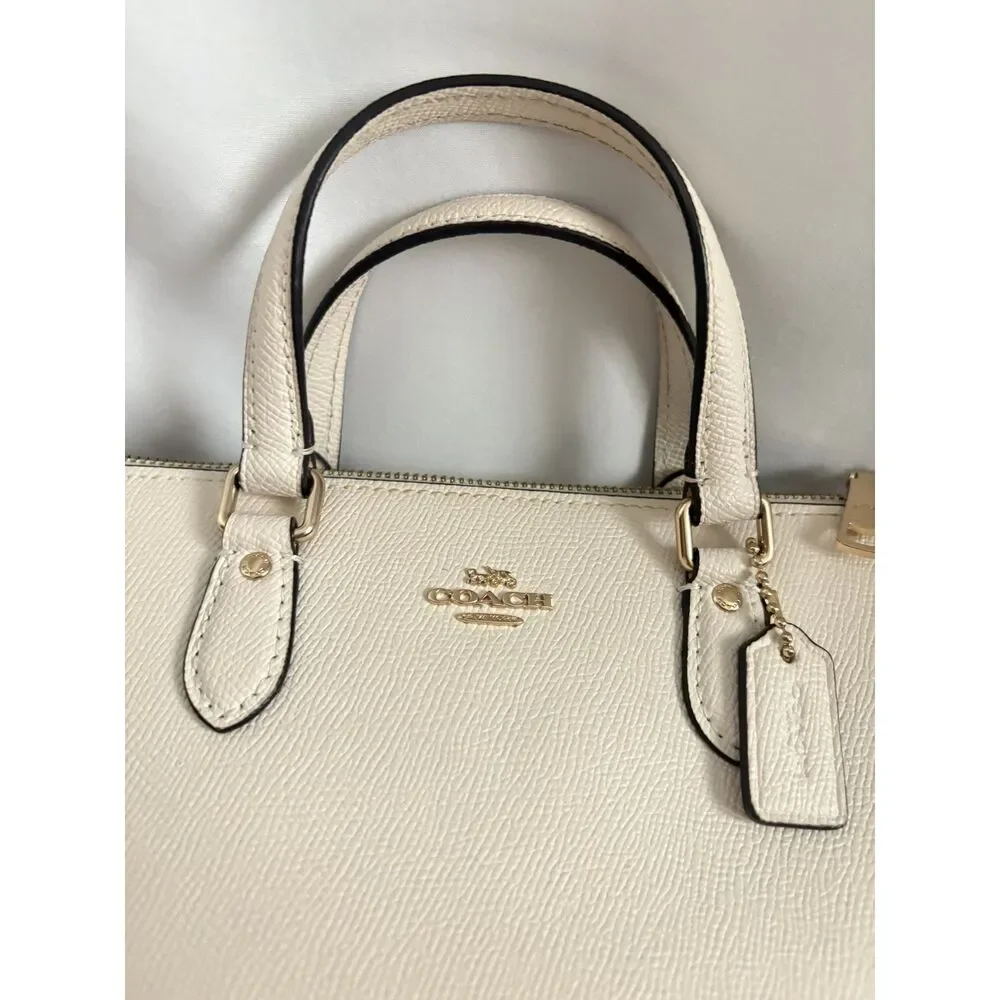 Coach Mini Gallery Bag Crossgrain Leather Chalk White with Pouch Charm and Strap